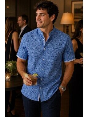 English Laundry Men’s Large Chinese Collar Blue Short Sleeve Dress Shirt